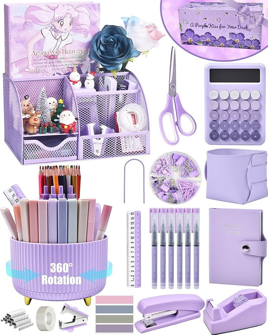 LXEVIHK 21Pcs Purple Desk Organizers and Accessories With Mesh Desk Organizer and 360°Rotating Pen Holder and a Lot of Office Purple Office Supplies Beautifully Presented in a Gift Box