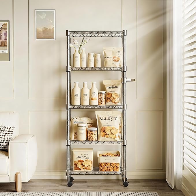 Metal Storage Shelves 5 Tier with Wheels, 1100 LBS Adjustable Wire Shelving Rack Shelves Units with Side Handle for Hanging, Rolling Shelf Organizer for Kitchen Garage, 11.8" W x 23.6" D x 61"H,Silver