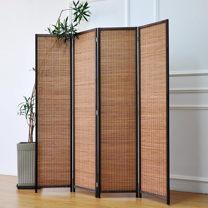 Furnnylane 4 Panel Bamboo Room Divider and Folding Panel Screen,Bamboo Panel Divider for Room Separation,Brown,67" H x 61.4" W