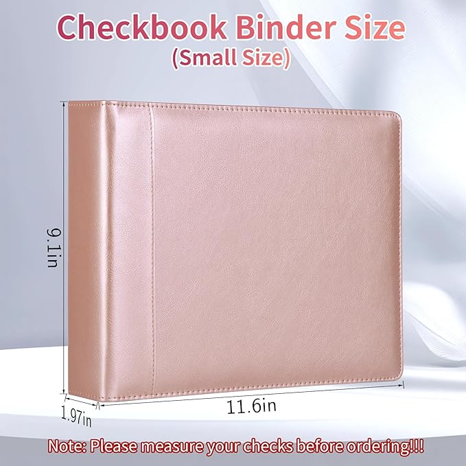 Antner 3 Ring Personal Check Binder for 3-on-a-Page End-Stub Deskbook & Personal 3 Holes or 9 Holes Small Size Checks, PU Leather Check Holder Checkbook Binder Cover with Zipper Pouch, Rose Gold
