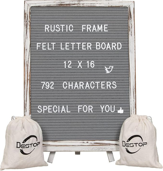 Felt Board With Rustic Vintage Frame and Stand 12x16 Inch, Grey Changeable Message Board Includes 792 Letters, Numbers and Symbols, Hook to Hang, 2 Canvas Bags