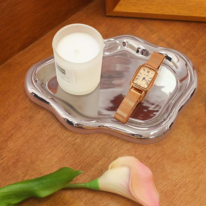 CCINPPY Ceramic Jewelry Tray Trinket Dish, Decorative Cloud Vanity Key Tray for Women, Ring Holder Dish, Cute Jewelry Plate Bowl Room Decor Aesthetic, Silver, Medium