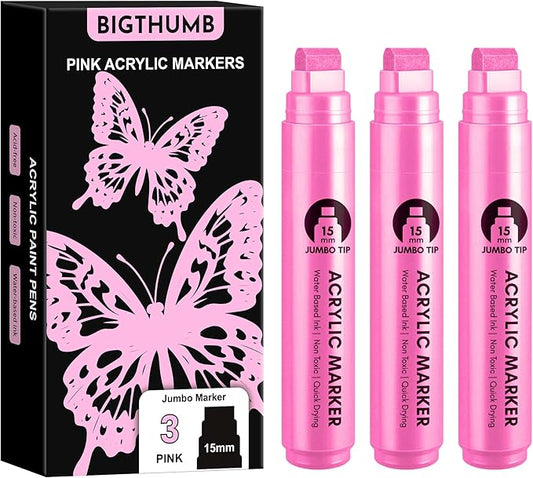 BIGTHUMB 3 Pcs Pink Jumbo Permanent Markers: 15mm Wide Tip Thick Acrylic Paint Pen Large Calligraphy Marker for Rock Painting, Poster, Sign, Canvas, Glass, Wood, Ceramic