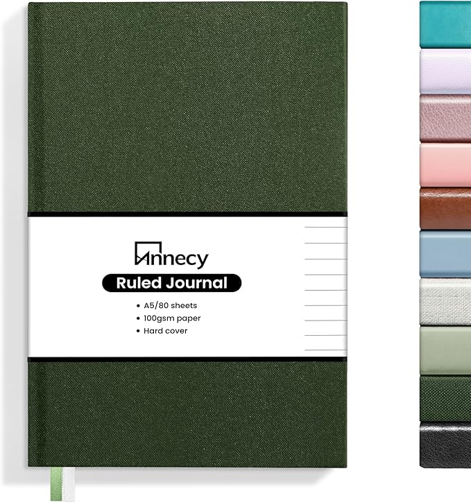 Annecy Lined Journal Notebook, Hardcover Leather Journal for Women & Men, 160 Numbered Pages, Medium 5.5" x 8.25", 100 GSM Thick Paper, Deep Green