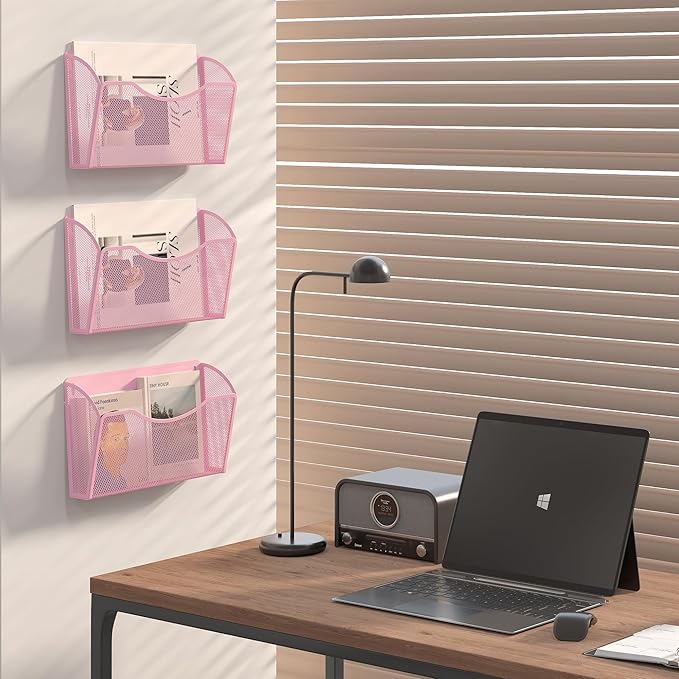 EasyPAG 3 Single Pocket Wall File Organizer, Mesh Hanging File Folder Organizer for Letter/A4 Size Folders, Wall Mounted Vertical Mail Holder for Paperwork, Office, Home, School, Pink