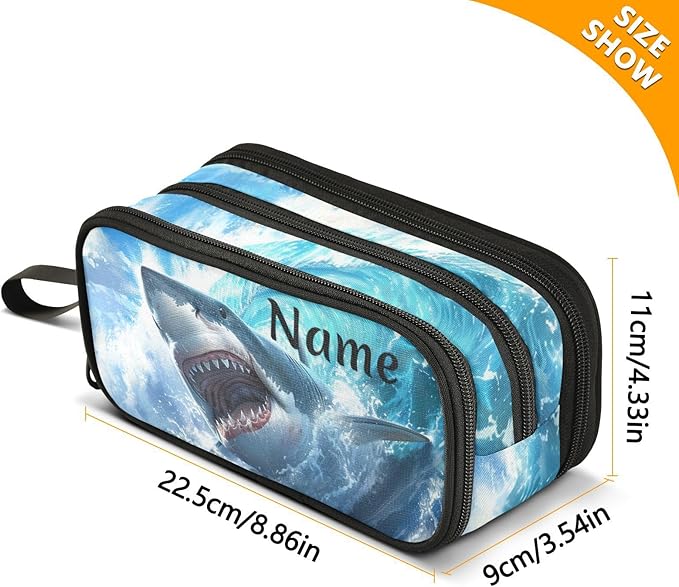 BOENLE Custom Shark Blue Ocean Wave Pencil Case Box Boys Girls Personalized Name Large Pencil Pouch Stationery Pen Bag Organizer for Kids Adults School Office