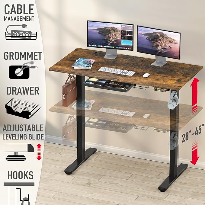SHW 55 x 28 Inches Electric Height Adjustable Standing Desk with Drawer and Memory Preset, Rustic Brown
