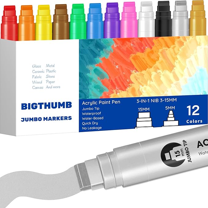 BIGTHUMB Jumbo Poster Markers Set: 12 Colors Large 15mm Wide Tip Permanent Ink Thick Acrylic Paint Pens for Rock Painting, Stone, Glass, Wood, Ceramic, Metal, Plastic, Fabric