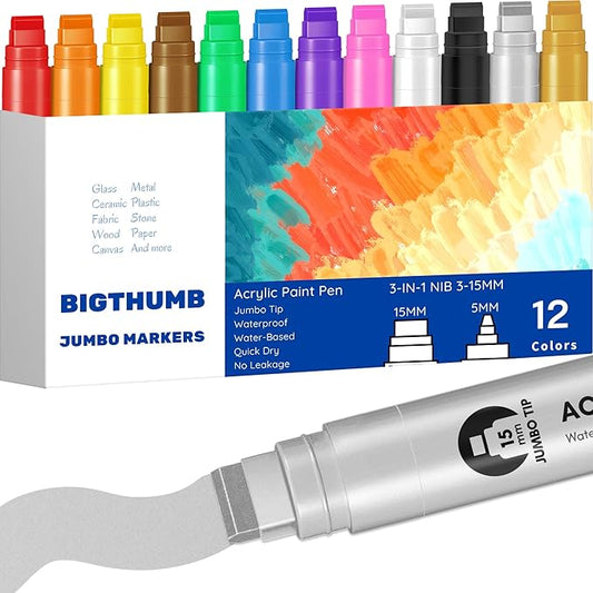 BIGTHUMB Jumbo Poster Markers Set: 12 Colors Large 15mm Wide Tip Permanent Ink Thick Acrylic Paint Pens for Rock Painting, Stone, Glass, Wood, Ceramic, Metal, Plastic, Fabric