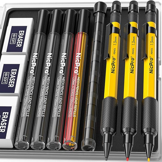 Nicpro 3 PCS 1.3 mm Mechanical Pencil Set with 48 Lead Refills, 3 Eraser - Weatherproof Metal Barrel, Heavy Duty Carpenter Pencil MP2000 for Outdoor Marking Drafting Drawing Woodworking - with Case