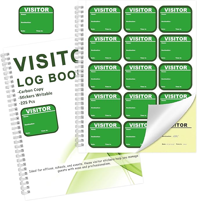 1 Pack Visitor Badges with Carbon Copy Visitor Stickers Letter Size Visitor Log Book Protecting Privacy Pages Register Book Business Guest Name tag for School Clinics Church-225 Badges 30 Memo Pages
