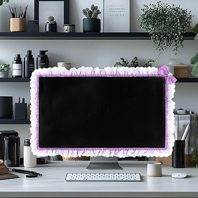 Kingshion 32"-38" Lovely Cute Computer Monitor Cover with Lovely Cute Elastic Pen Pocket Bow-knot TV LCD Screen Monitor Decoration Dust Cover Protector, Lace Fabric - purple