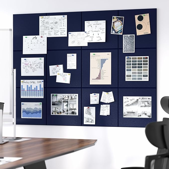 Neatsure Large Cork Board for Wall, 48" x 36" Bulletin Board with Pushpins, 12 Panels Felt Tiles Tack Push Pin Board for Office, Dark Blue