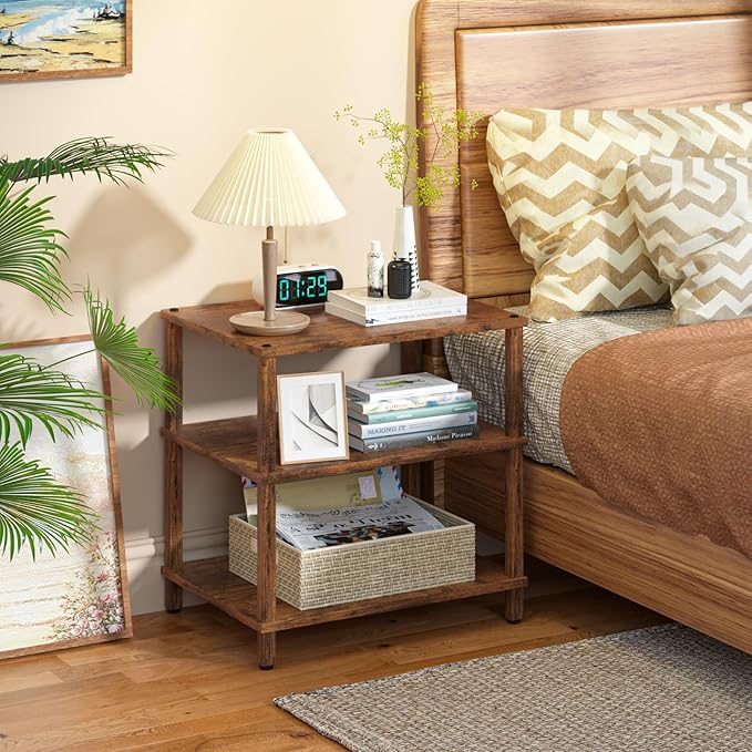 LELELINKY 3-Tier AV Media Player Stand Set of 2, Brown Stereo Cabinet, Wooden TV Stand,Game Console Shelf, Multifunctional Entertainment Center, Suitable for Home, Conference Room, Game Studio