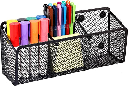 Ameceres Magnetic Pencil Holder - Extra Strong Magnets Mesh Marker Holder Perfect for Whiteboard, Refrigerator and Locker Accessories (3 Baskets, 1 Pack Black)