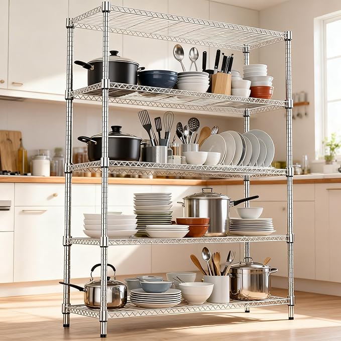 M MZG 5 Tiers Shelf 1750 lbs Steel Storage Shelving Utility Shelving Unit Steel Organizer Wire Rack for Home,Kitchen,Office,Garage Chrome 17.7" D x 47.2" W x 72.4" H