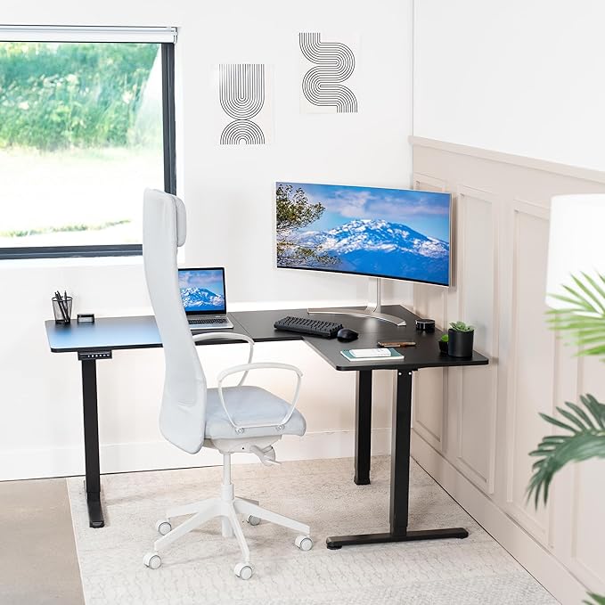 VIVO Electric Corner 63 x 47 inch L-Shaped Standing Desk, Memory Height Adjustment, Black Top Black Frame, DESK-E3CTB-47