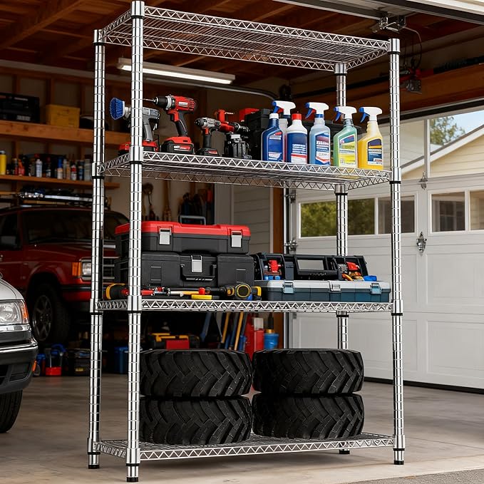 M MZG 4 Tiers Shelf Metal Storage Shelves 2640 lbs Steel Storage Shelving Utility Shelving Unit Steel Organizer Wire Rack for Home,Kitchen,Office,Garage Chrome 17.7" D x 47.2" W x 70.3" H