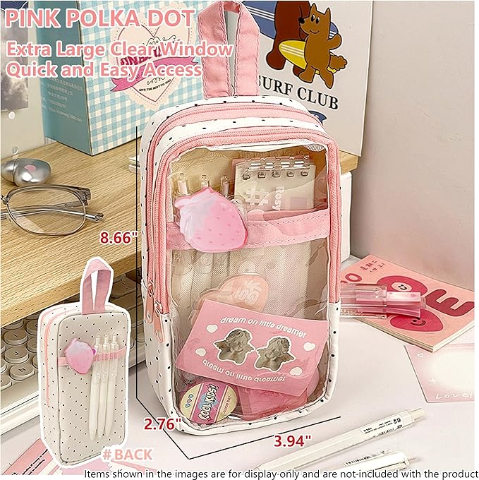 UINSUE Cute Pen case Adorable Bunny Transparent 3-Layer Large Capacity Pencil Case Gadget organizer with Lovely Stickers (Pink Polka Dot)