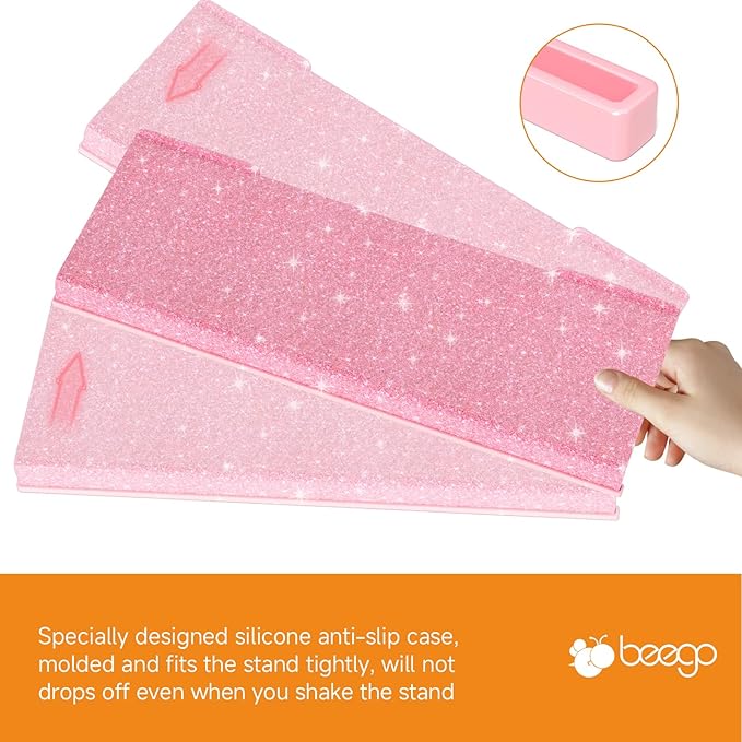 BEEGO Ergonomic Computer Keyboard Stand - Glitter Pink Acrylic Keyboard Riser Tilted Keyboard Holder Keyboard Tray with Pink Non-Slip Strip for Easy Typing at Home School Office Desk Accessories