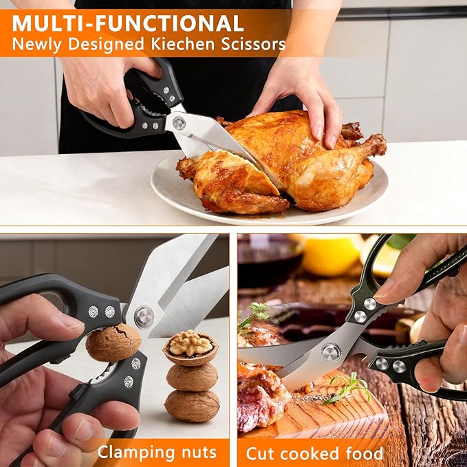 2-Piece Kitchen Scissors (1 Heavy-Duty Poultry Shears + 1 Chicken Bone Scissors) Stainless Steel Cooking Shears, Multi-purpose Kitchen Shears for Meat, Fish, Vegetables and Poultry