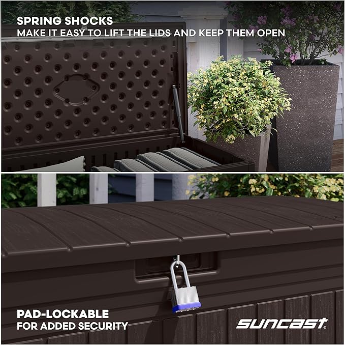 Suncast 80-Gal. Waterproof Resin Large Outdoor Patio Deck Box with Pad-Lockable Lid, Modern Outdoor Patio Bench/Storage Box for Cushions, Garden Tools, and More, Java