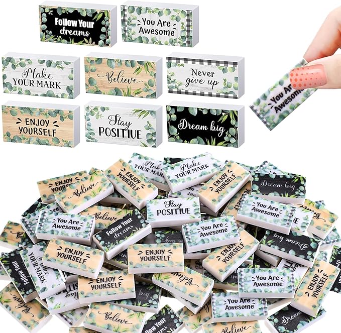 Dunzoom 100 Pcs Inspirational Pencil Erasers Bulk for Kids Fun Motivational Eraser School Supplies Back to School Office Supplies for Classroom Office Teacher Artists (Eucalyptus Leaf)