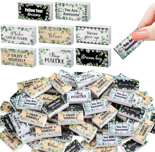 Dunzoom 100 Pcs Inspirational Pencil Erasers Bulk for Kids Fun Motivational Eraser School Supplies Back to School Office Supplies for Classroom Office Teacher Artists (Eucalyptus Leaf)