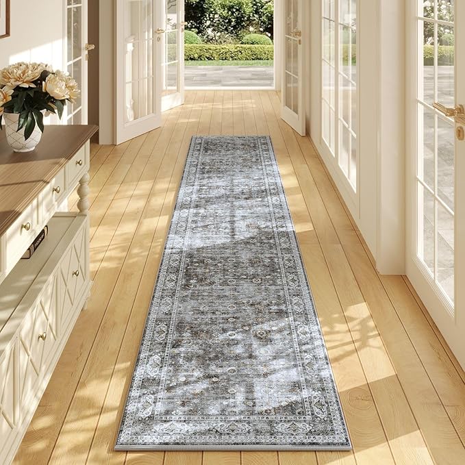Rugcomf Long Hallway Runner Rug 2'7"x14' - Vintage Washable Non Slip Runner Rug, Boho Carpet for Hallways, Kitchen, Entryway, Hall, Bathroom - Grey