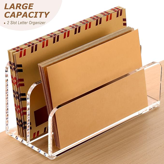 SANRUI Acrylic Mail Sorter Desktop Organizer Holder, 2 Compartments Clear Small File Script Letter Office Document Storage for Desk Bill Filling Envelope Holder Office, Home, School Desk Organization