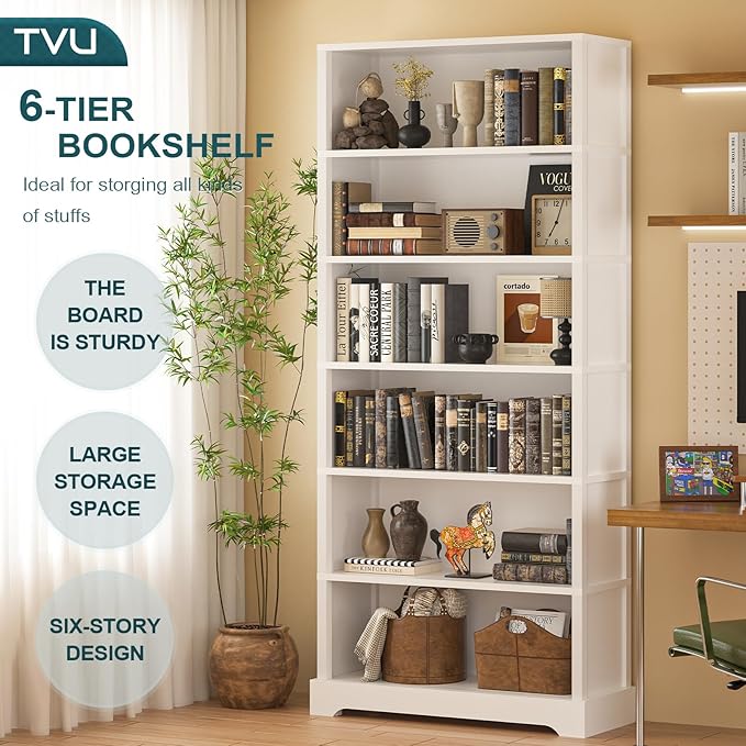 TVU 6-Tier Wooden Bookshelf, 77.2" Tall Farmhouse Style Open Bookcase, 31.5" W Standing Bookshelf with Storage, Suitable for Study, Living Room, Office, White