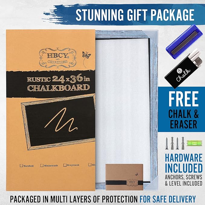 HBCY Creations Rustic Blue Wooden Magnetic Wall Chalkboard, Extra Large Size 24" x 36", Framed Decorative Chalkboard - Great for Kitchen Decor, Weddings, Restaurant Menus and More! (24" x 36")