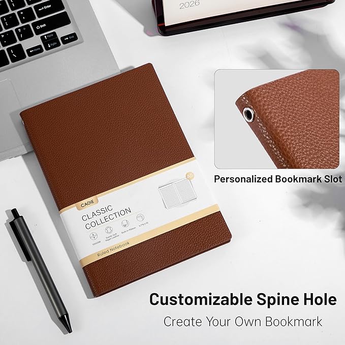 CAGIE Lined Journal Notebook for Men & Women,176 Pages A5 Medium Size Softcover Leather Journals for Writing,Travel,Business,Work & School, 100 GSM Thick Paper (5.7'' x 8.3'') (Brown)