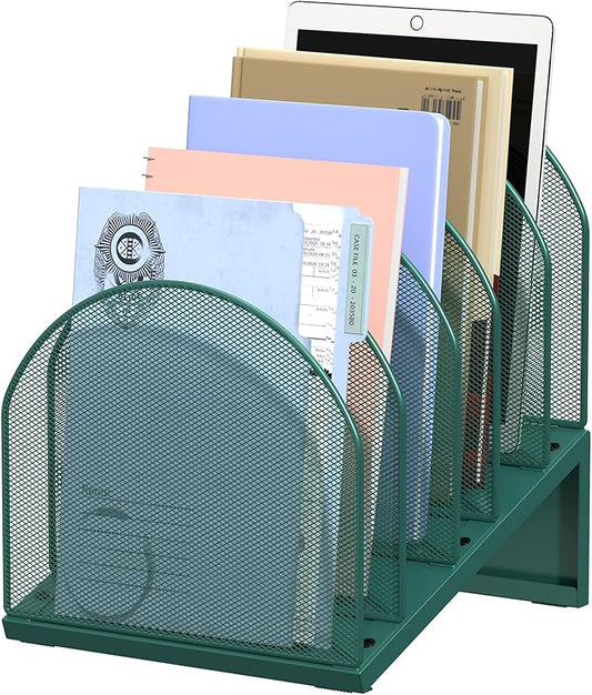 OUTIOE 5-Section Desk File Organizer, Metal Mesh Folder Organizer for Documents, Mail & Office Papers (Green)