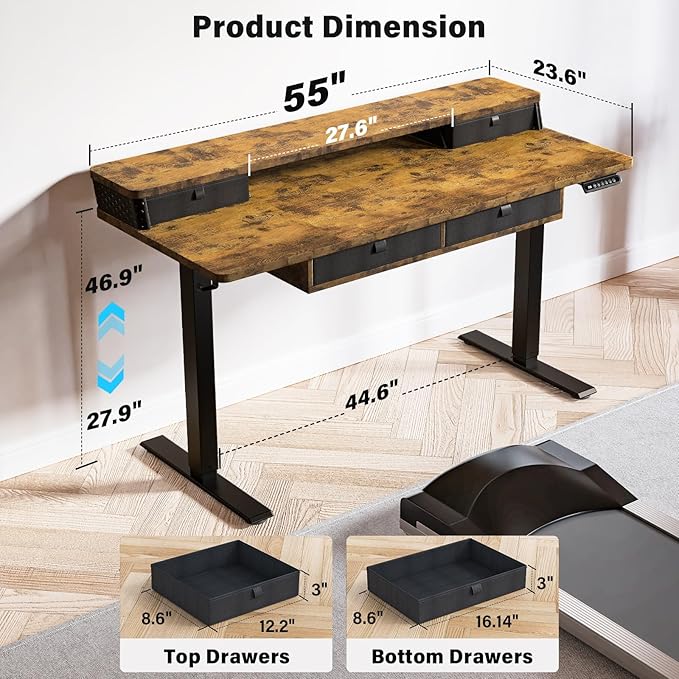 Kingant 55 x 24 Inch Electric Standing Desk with 4 Drawers, Height Adjustable Sit to Stand Computer Desk with Storage Shelf and C-Clamp Mount Compatibility for Home Office, Rustic Brown