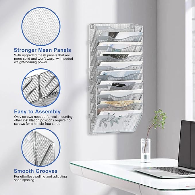 EasyPAG Wall File Organizer for Office 10 Pocket Mesh Wall Mounted Paper Organizer Hanging Folder Holder with Nametag Label for Home School, Silver
