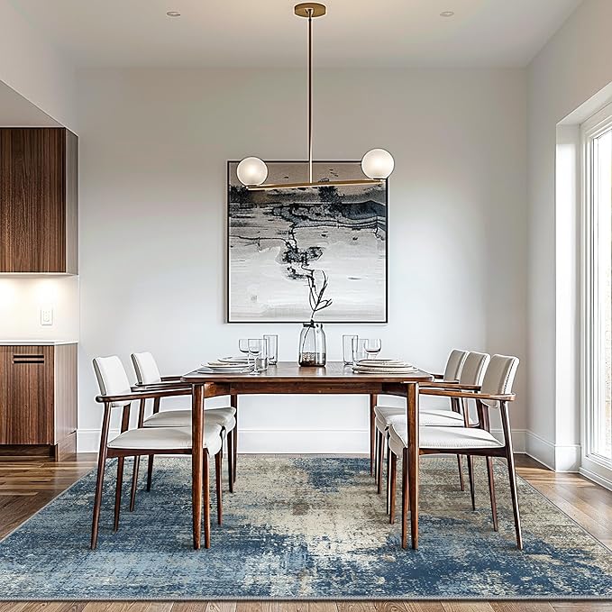 GENIMO Washable Area Rugs for Living Room, 9x12 Modern Non Slip Rugs, Low Pile Lightweight Soft Print Rug for Bedroom, Dining Room, Home Office, Washed Slate Blue