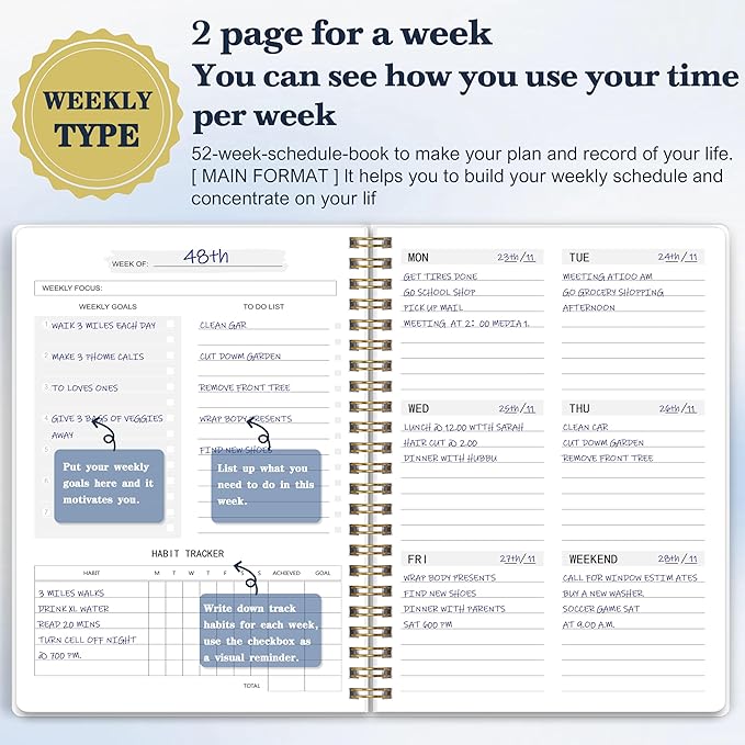 Undated Weekly Planner- Weekly Goals Notebook, A5 To Do List Planner, Habit Tracker Journal with Spiral Binding（Flower-2）