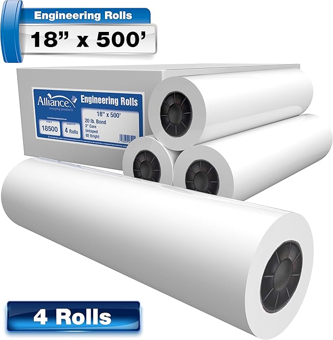 Alliance Wide Format Paper Rolls, 20lb with 3" Core (18 In x 500 Ft | 3" Core, 20lb | 4 Rolls)