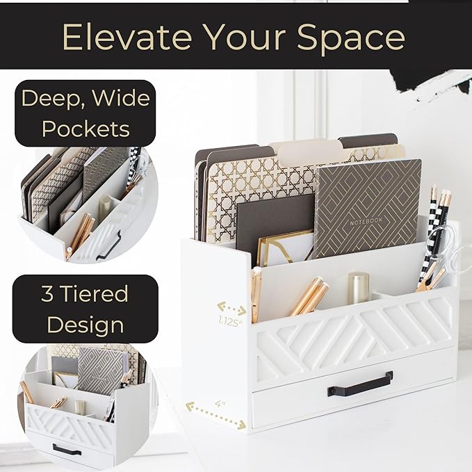 BLU MONACO | White Wooden Mail Organizer with Drawer | Desktop Mail Sorter & Countertop Bill Holder for Home Office | Multi-Compartment Desk Organizer with Farmhouse Style