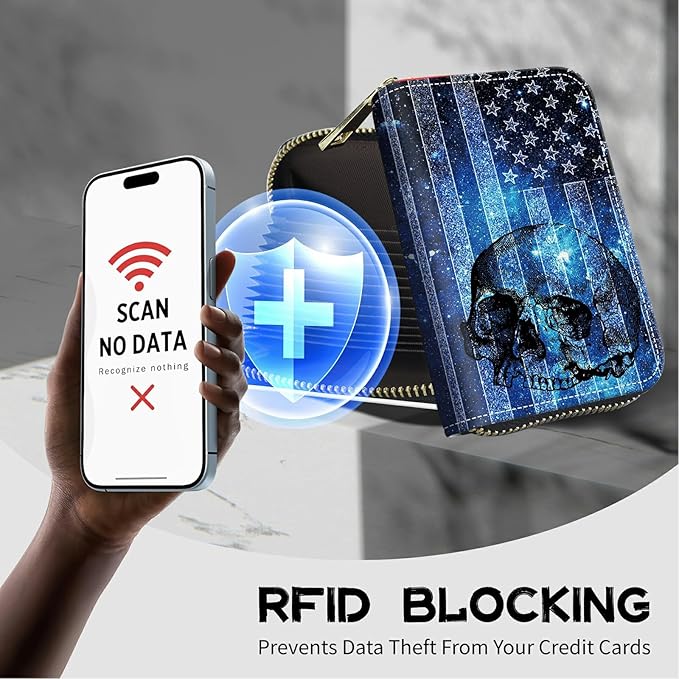 BWEGRHE Cute Credit Card Holder with Zipper, Blue Skull Flag RFID-Blocking Card Case Small Wallet for Women Men, Multi-slot Card Organizer Case Travel Accordion Wallet