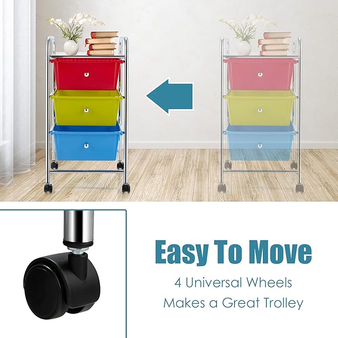 Giantex Rolling Cart with Drawers, Craft Organizer with Wheels, 3 Drawer Storage Container Bins for Back to School Office Scrapbook Paper Tools Red, Green & Blue