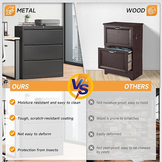 Bestoo 3-Drawer Lateral File Cabinet with Lock, Filing Cabinet for Home Office, Metal File Storage Cabinets, Fits File Folders, Letter/Legal/F4/A4 Sizes, Assembly Required (Black)