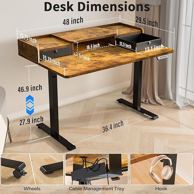 Kingant 48 x 30 Inch Electric Standing Desk with Dual Drawers, Adjustable Height Computer Desk for Home Office, Large Workstation Sit Stand Up Desk with Built-in Storage Shelf, Rustic Brown