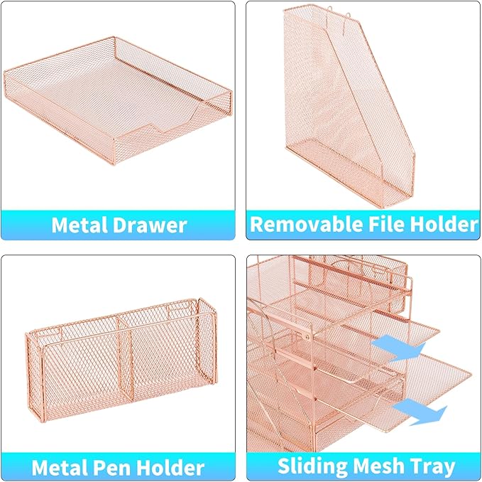 Gugsey Desk Organizer, 5-Tier Paper Letter Tray Organizer with File Holder, Drawer and Pen Holder, Desktop Organizer for Office Supplies, Rose Gold