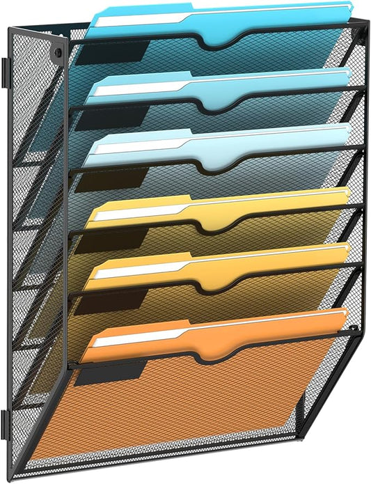 SUPEASY Wall File Organizer Mesh Office Mail Holder, Hanging Wall Organizer Magazine Rack for Office Black, 6 Tier