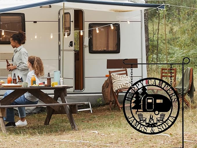 Personalized Happy Camper Metal Sign, Custom Happy Camper Yard Sign, Hanging Camping Sign, Camper Decor, RV Decor, Custom Campground Sign, Personalized Campground Gift