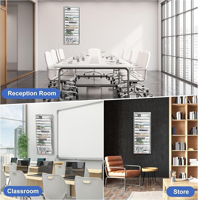 EasyPAG Wall File Holder 14 Tier Mesh Hanging Folder Organizer with Flat Tray Wall Mounted Mail Organizer Magazine Paper Desk Shelf with Nametag Label for Office Home School, Silver