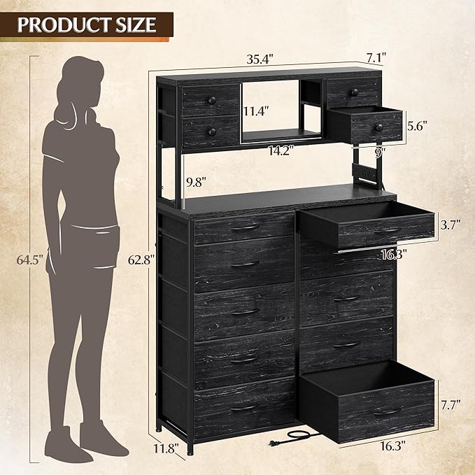 EnHomee Black Dresser with Multiple Fabric Drawers, Dresser for Bedroom with Charging Station and LED Lights,Dressers & Chests of Drawers for Bedroom, Steel Frame & Wooden Top, Entryway