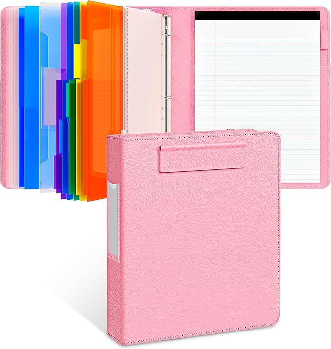 JoyCat 3 Ring Binder Clipboard with Storage,12.4"x10.2"Magnetic Clipboard Folder with 5 Expandable Folders,Refillable Lined Notepad (11" x 8.5"),Ideal for School Office Nursing(Pink)
